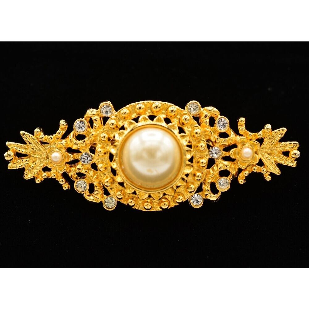 Vintage Pin Brooch Brushed Gold White Pearl Bar Rhinestone Crystal 1980s BinAL